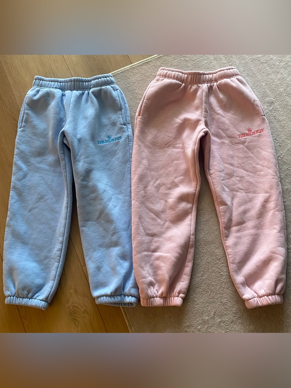 2 PAIRS PINK PALM PUFF JOGGERS SZ SMALL & XS SHORT PINK BLUE SWEAT PANT